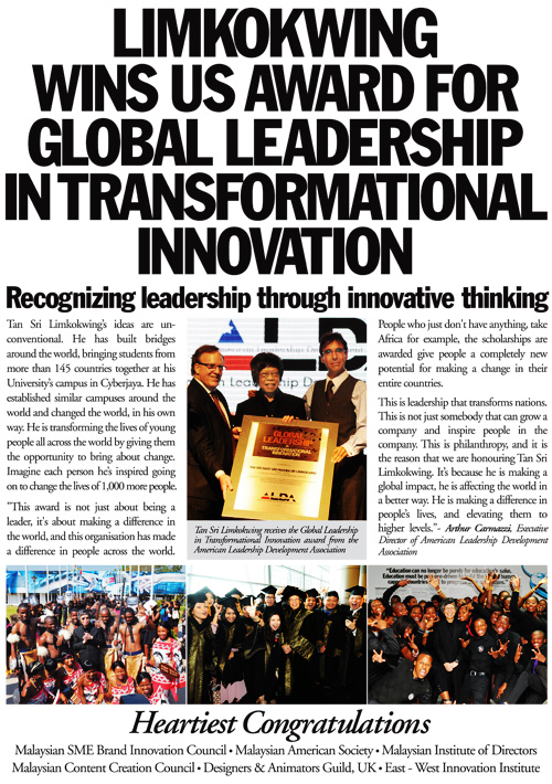 Limkokwing Wins US Award for Global Leadership Intransformational Innovation